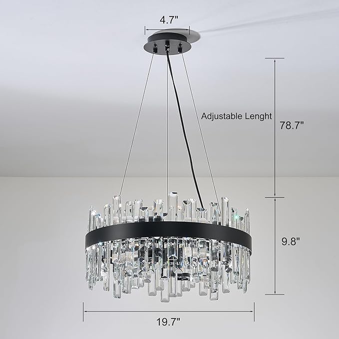 Round Crystal Chandeliers, D19.7 inch 12-Light Black Chandelier Lighting Fixture, Height Adjustable Pendant Ceiling Light for Living Room Dining Room Bedroom