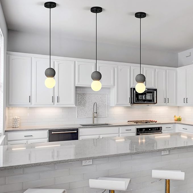 Modern Black 1-Light Concrete Pendant Light Kitchen Island Ceiling Light Fixture White Glass Globe Ball Pendant Lighting for Dining Room Coffee Club Resturant Bar Living Room(3-Pack)