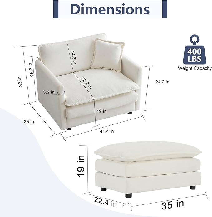 GNIXUU Oversized Accent Chair with Ottoman, Chenille Comfy Single Sofa, Modern Upholstered Lounge Reading Armchair Indoor Cloud Couch with Deep Seat & Pillow for Living Room Bedroom Apartment, White