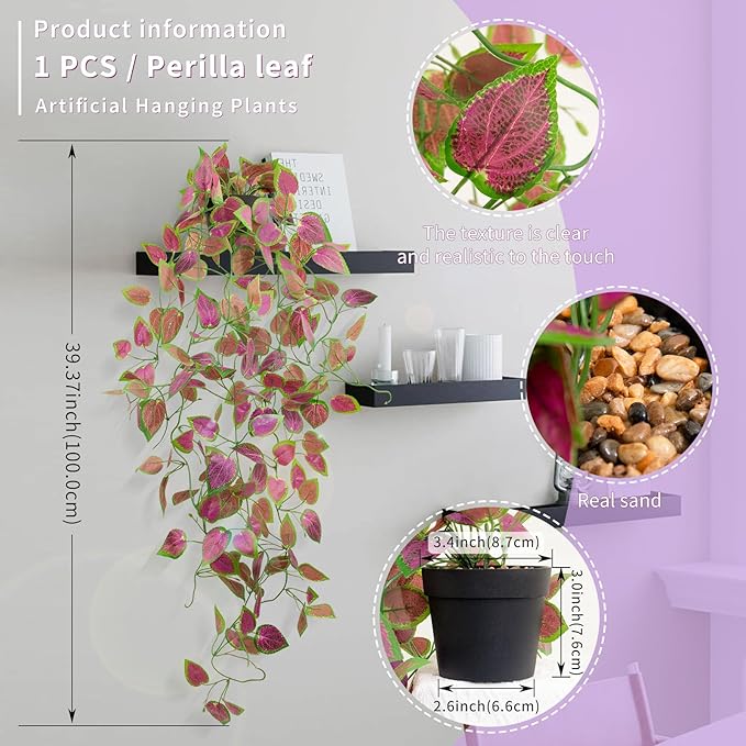 LOYWREE 3 Pack Artificial Purple Ivy Hanging Vine Plants - Small Potted Long Trailing Cascading Foliage, Gothic Home Decor for Indoor/Outdoor, Office, Garden & Shelf (Black Pot Included)