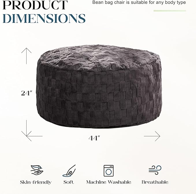 Hobestluk Bean Bag Chairs Beanbag Chair with Filler Adult Bean Bags with Fluffy Cover, Giant Bean Bag Chairs for Adults for Living Room, Bedroom (Dark Grey, 4FT - 44” x 44” x 24”)