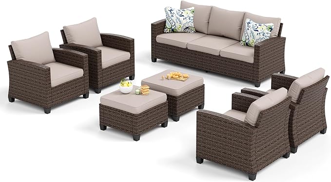 Patio Furniture Set Outdoor Furniture Brown Wicker Rattan Patio Conversation Sets with Cushion Outside Sofa Set,7 Pieces 9 Seats,Beige