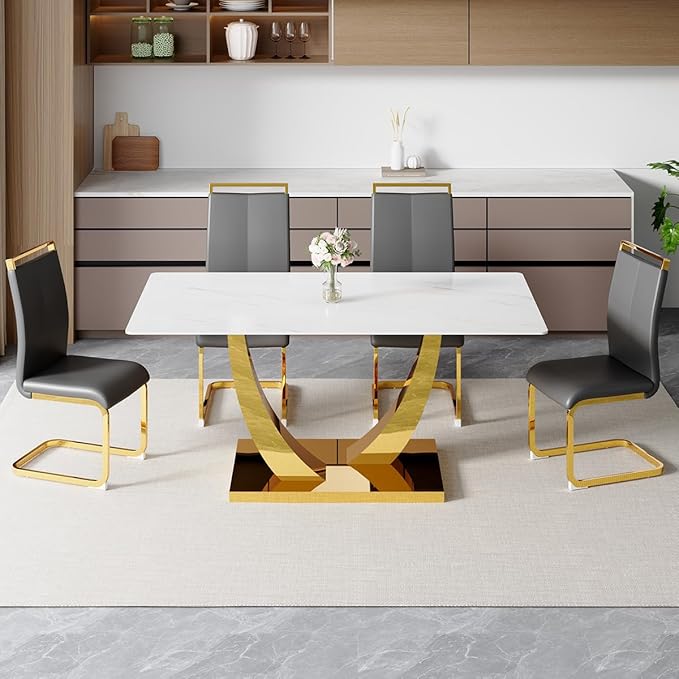 63” Dining Room Table Set for 4,Modern Gold Dining Table Set for 4, Rectangle Kitchen Table Set with Leather Chairs, White Faux Marble Dinner Table Set with Tempered Glass Top and Golden Base