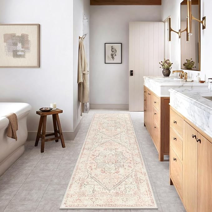 LIVEBOX Washable Oriental Runner Rug 2.5x8 - Long Vintage Tribal Pink for Kitchen Boho Non-Slip Hallway, Low-Pile Accent Throw Area Rug for Laundry Room