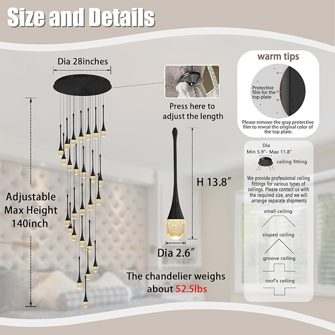 H138''Modern Crystal Chandelier for High Ceiling,Large Spiral Crystal Chandeliers,Luxury Raindrop Foyer Chandeliers,Hanging Pendants Lighting for Entryway, Staircase,Hallways,Living Room