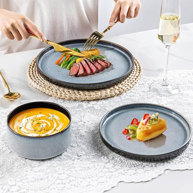 LERATIO Ceramic Dinnerware Sets for 4,Round Reactive Glaze Ceramic Plates and Bowls Set,Highly Chip and Crack Resistant | Dishwasher & Microwave Safe Dishes Set,Service for 4 (12pc)-Gray White