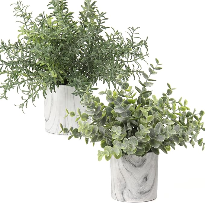 Hollyone Faux Plants Indoor Artificial Mini Potted Plants Plastic Green Plant Small Fake Plants Eucalyptus Decor in Pots for Home Table Room Bathroom Decor