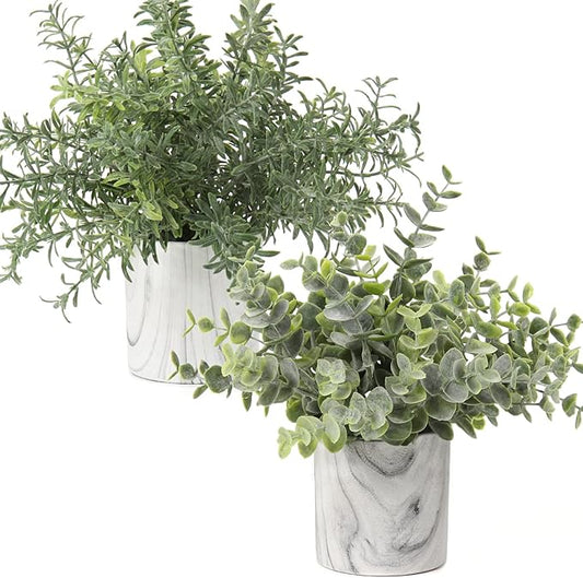 Hollyone Faux Plants Indoor Artificial Mini Potted Plants Plastic Green Plant Small Fake Plants Eucalyptus Decor in Pots for Home Table Room Bathroom Decor