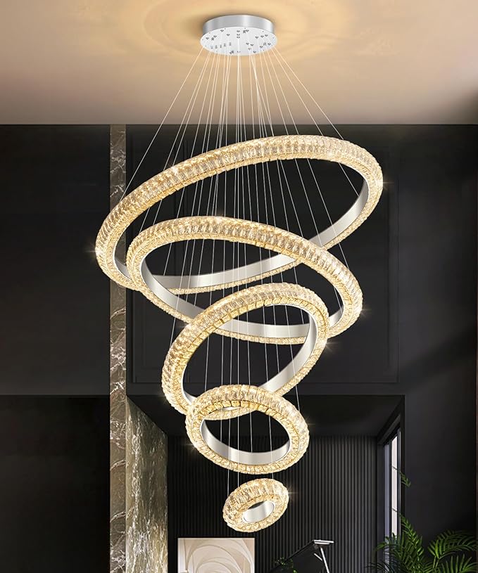 5 Ring Large Crystal Chandelier Modern LED Dimmable High Ceiling Chandelier Ring Contemporary Pendant Light Fixture for Living Room Foyer Staircase Gold D40''