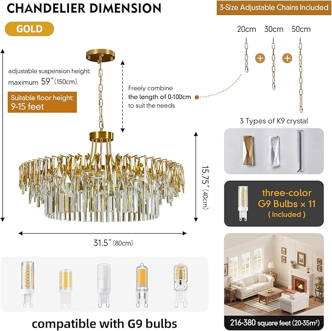 Modern Large Round Crystal Chandelier - 31.5'' Luxury K9 Crystals Chandeliers for Dining room,3 Tier Raindrop Chandelier for Living room,Gold Contemporary Light Fixture for Bedroom Foyer Kitchen
