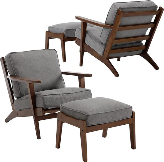 Living Room Accent Chairs Set of 2 Mid Century Modern Reading Arm Chair with Ottoman, Fabric Bedroom Chair with Soild Wood Frame, Elegant Upholstered Side Chair, Grey-Fabric