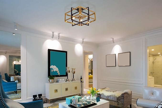 TOCHIC Flush Mount Ceiling Light, Black Gold Farmhouse Flush Mount Chandelier 4 Lights Industrial Metal Light Fixture for Dining Room, Living Room, Foyer, Hallway, Bedroom