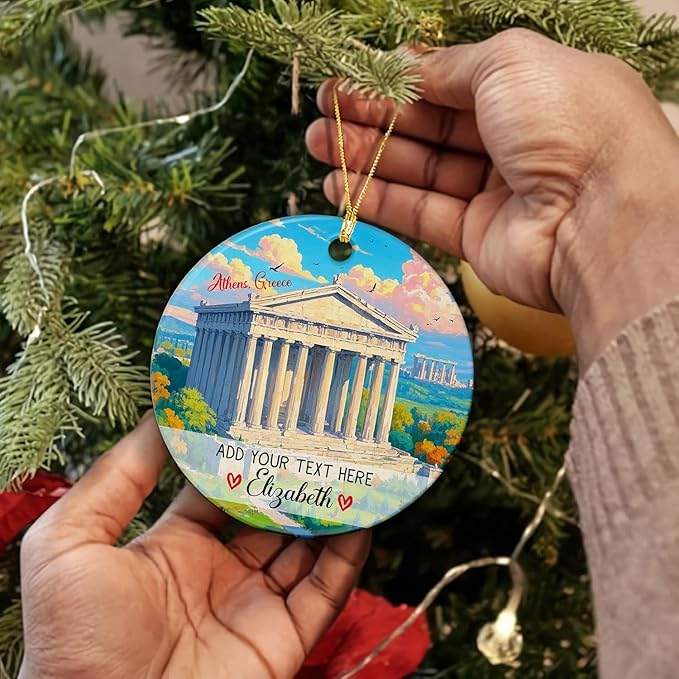 Personalized Athens. Greece Ceramic Christmas Tree Ornament 2025, Parthenon Temple On The Acropolis Xmas Ornaments, Custom Text/Name Greece Travel Souvenir Christmas Ornament Gifts for Family Friends