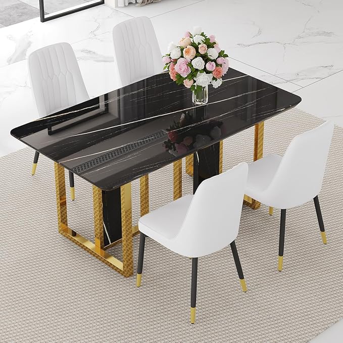 TesNus 63" Black Dining Table Set for 4 with Chairs,Modern Faux Marble Rectangular Kitchen Table and Chairs Set Luxury 5 Piece Dining Room Set with Gold Metal Legs,Easy Assemble,Stable Base