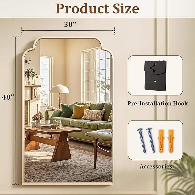 30" x 48" Silver Arch Bathroom Mirror, Wall Mounted Vanity Mirror with Metal Frame, Modern Decorative Scalloped Wall Mirror for Sink, Bedroom, Living Room, Entry, Farmhouse Home