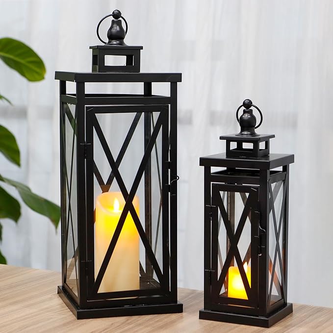 TRIROCKS Set of 2 Deacorative Candle Lantern 20'' & 11'' High Metal Candle Holder Hanging Lanterns with Tempered Glass Perfect for Indoor Outdoor Home Decor Parties Garden Events Wedding (Black)