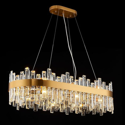 Rectangle Crystal Chandeliers, L35.4 inch 16-Light Brass Gold Chandelier Lighting Fixture, Height Adjustable Rectangular Oval Light for Dining Room Kitchen Island
