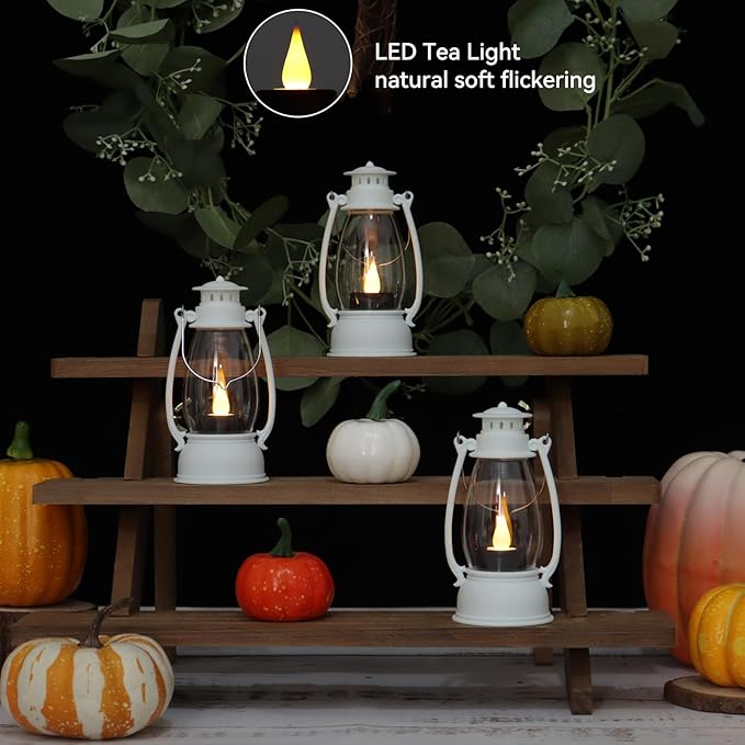 White Mini Lanterns Decorative 6-Pcs for Winter Christmas Wedding & Halloween, Small Elegant Lantern with LED Light for Western Cowboy, Camping Baby Shower Birthday Party, Centerpiece Table