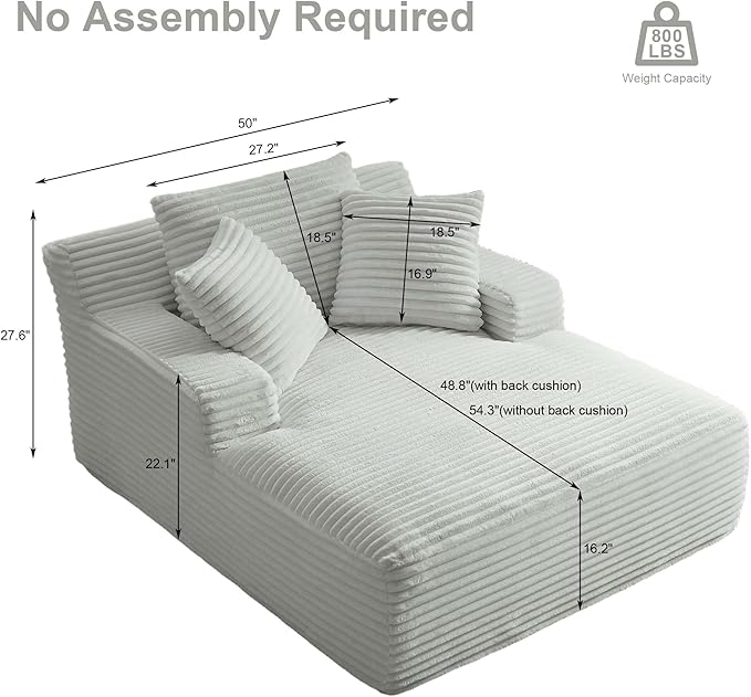 GNIXUU Oversized Chaise Lounge Chair Indoor, Comfy Fluffy Lounge Sofa Upholstered Sleeper Sofa Couch with Throw Pillows and Armrests, Corduroy Plush Cloud Chair for Living Room, Light Gray