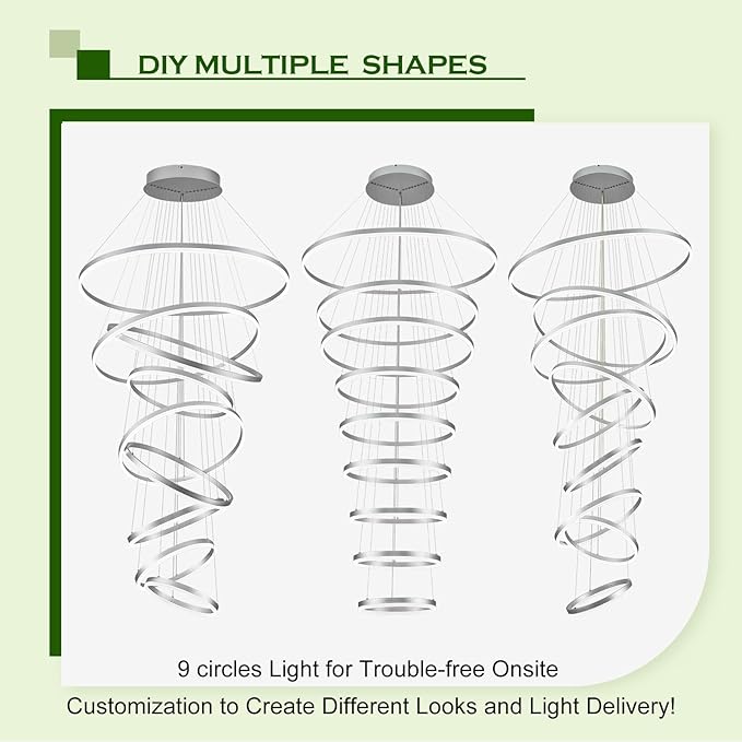 9 Rings Modern LED Chandelier Silver Dimmable Large Foyer Chandeliers Entryway High Ceiling for Staircase, High Ceiling Pendant Lights for Entryway Living Room, 3000K-6500K CCT