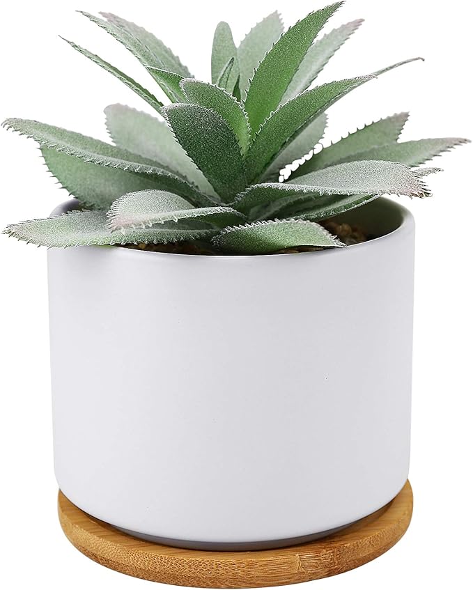Hopewood Succulent Plants Artificial - Faux Agave Succulent Plant in Ceramic Pots with Bamboo Tray for Office Desk Living Room Decor(5.9inch)