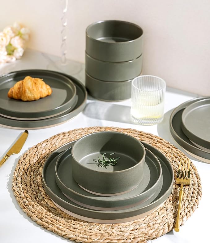 TheTerra Ceramic Dinnerware Sets for 4, 12 Pieces Handmade Reactive Glaze Plates and Bowls Set, Scratch Resistant Dish Set, Oven & Microwave & Dishwasher Safe, Matte Green