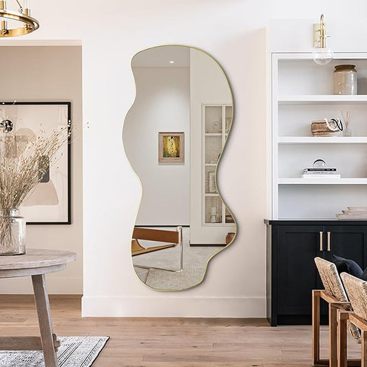 POZINO Irregular Mirror Full Length, Large Asymmetrical Wall Mirror, 63"x30" Gold Wavy Shaped Mirrors, Modern Frameless Decorative Mirrors for Dressing Living Room Bathroom Bedroom Hallway Entryway
