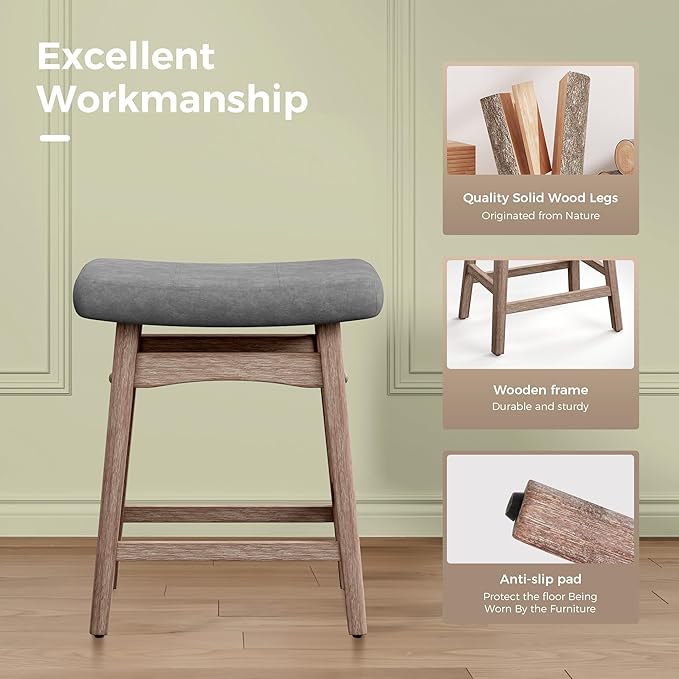 MAISON ARTS Counter Height Bar Stools Set of 2 for Kitchen Counter Solid Wood Legs with Fabric Saddle Seat Farmhouse Barstools for 34"-38" Counter Island Upholstered Stools, 24in, Grey Cushion