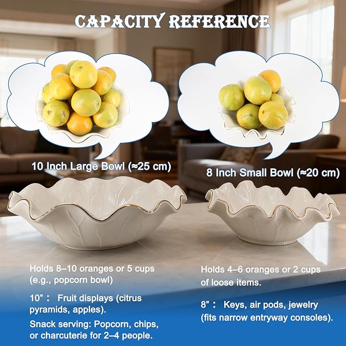 10" Large White Ruffle Lotus Design with Gold Trim Ceramic Fruit Bowl, Decorative Leaf Floral Bowl for Coffee Table Kitchen Counter and Home Decor Approx Capacity 45 fl oz