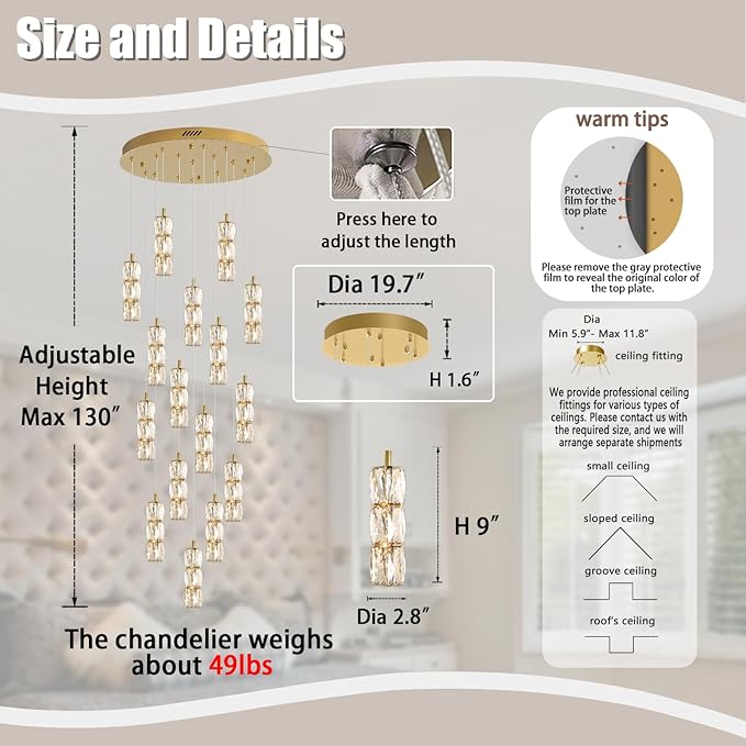 Modern Crystal Chandelier 16-Lights Gold Chandeliers Lighting Fixture High Ceiling Chandelier Suitable for Living Room Staircase Villa