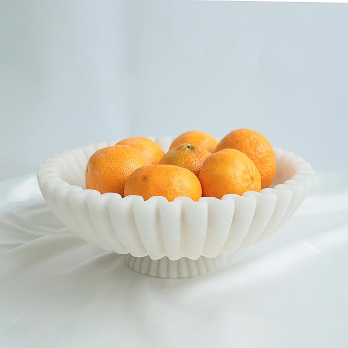 12" Large Decorative Bowl decor , Scalloped Pedestal Bowls for Modern Home Decor,Ruffle Decor,Stylish Key Bowl for Entry Table,Decorative Fruit Bowl for Kitchen Counter,Artificial Stone Milky white