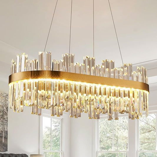 39.3" Dimmable Rectangle LED Crystal Chandeliers,Gold Chandelier Light, 3 Colors Contemporary Pendant Ceiling Light for Dining Room Living Room Kitchen Island Entryway Foyer,with Remote Control