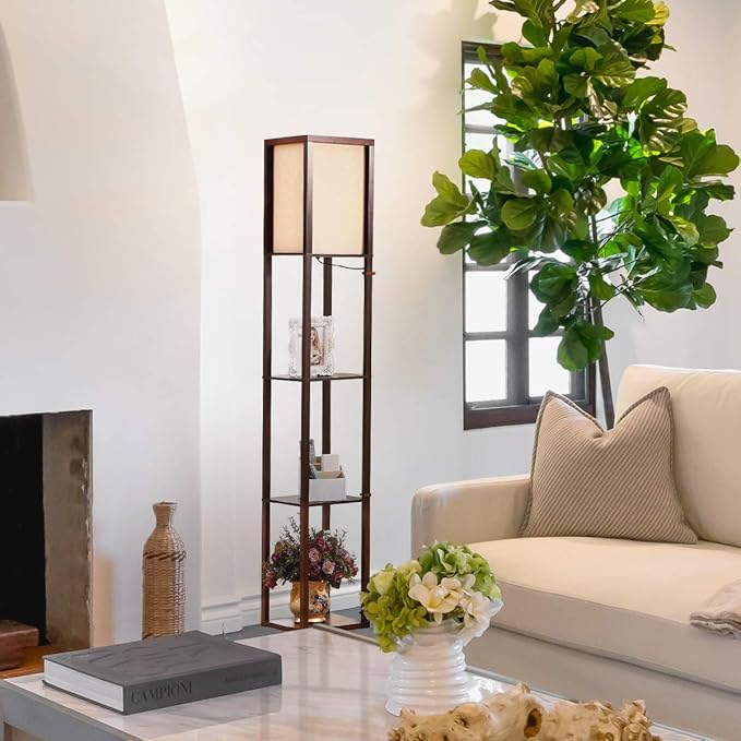 Brightech Maxwell - Modern Shelf Floor Lamp with Lamp Shade and LED Bulb - Corner Display Floor Lamps with Shelves for Living Room, Bedroom and Office - Havana Brown