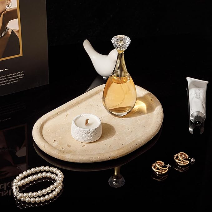 Natural Travertine Tray,Marble Ring Dish for Bathroom,Special-Shaped Jewelry Tray,Dressing Table, Bedside Table,Home Decor,Beige Large (NS030)