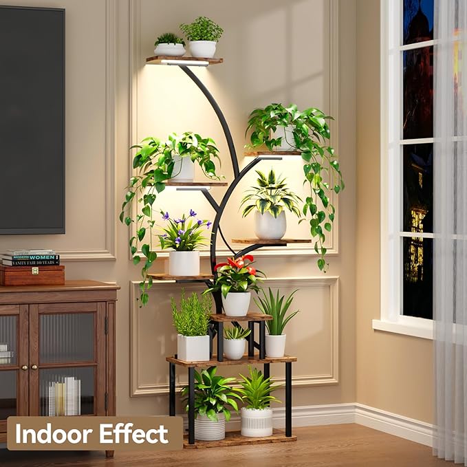 C3 Plant Stand Indoor with Grow Lights, 8 Tiered 62.2" Tall Plant Stand, Corner Large Metal & Wood Plant Shelf, S-Shaped Plant Display Shelves for Living Room, Patio, Outdoor