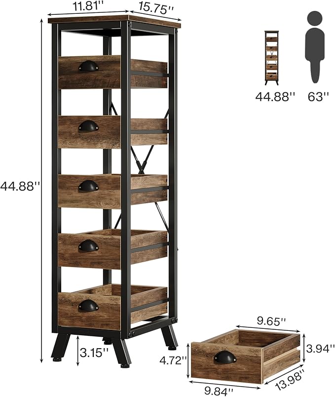 Tribesigns Wood Fruit and Vegetable Storage Rack, 5-Tier Narrow Snack Stand Kitchen Stand Fruit Basket, Pull-Out Utility Organizer for Kitchen, Living Room, Rustic Brown