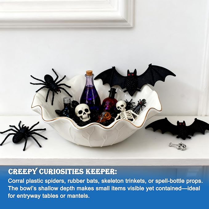 10" Large White Ruffle Lotus Design with Gold Trim Ceramic Fruit Bowl, Decorative Leaf Floral Bowl for Coffee Table Kitchen Counter and Home Decor Approx Capacity 45 fl oz