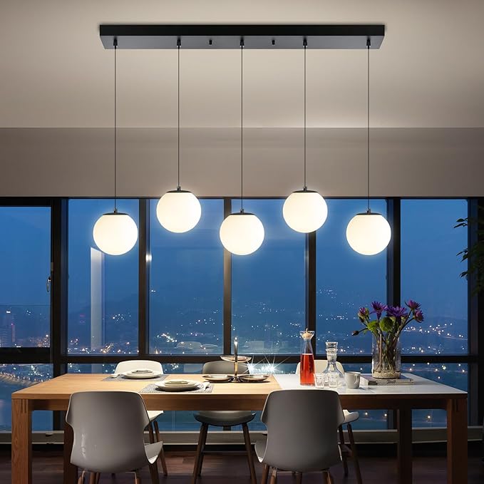 5-Lights Globe Pendant Light for Kitchen Island H 98" Black Rectangle Chandelier Milk White Glass Pendant Lighting for Living Room Bedroom Entryway