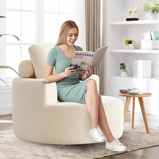Furnimart Oversized Barrel Accent Chair, 360° Swivel Round Upholstered Sofa, Chenille High-Resilience Sponge, No Assembly Wide Seat for Living Room, Bedroom, Apartment (Beige)