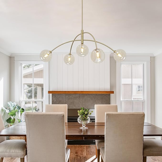 Mid Century Modern Sputnik Chandelier 5-Light Gold Glass Ceiling Light Large Brass Chandelier for Dining Room Kitchen Bedroom