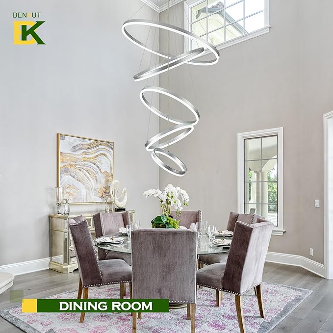 5 Rings D31.5 Modern LED Chandelier Silver Large Dimmable Circular High Ceiling Chandeliers with Remote Control for Foyer Dining Room Living Room Staircase Villa, 3000K-6500K CCT