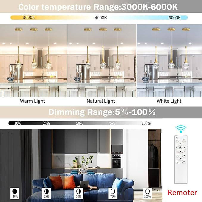 Modern Pendant Lights for Kitchen Island LED Dimmable Crystal Glam Ceiling Pendant Lighting for Dining Room Hallway Bedroom Corner Lamp Antique Gold