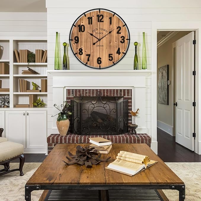 30 Inch Farmhouse Wall Clock Large Old Town Vintage Rustic Wooden Clock with Metal Rim and Large Numerals, Silent Battery-Operated for Office, Kitchen, Bedroom, and Living Room
