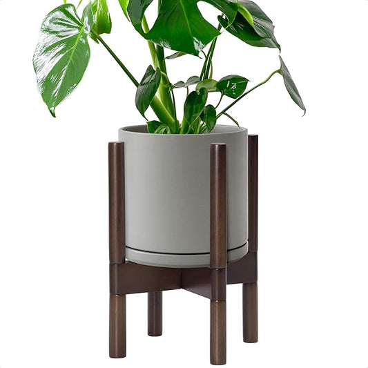 D'vine Dev Ceramic Planter with Walnut Color Stand - 8 Inch Modern Round Flower Pot with Wood Planter Holder, Grey, 55-B-Y-3