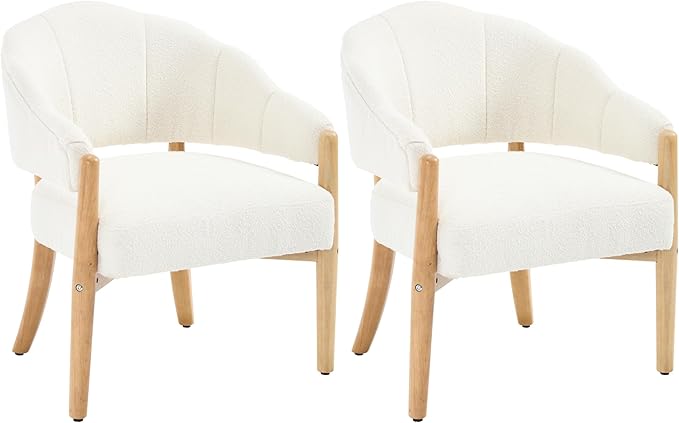 EALSON Modern Barrel Accent Chairs Set of 2 Boho Boucle Living Room Arm Chairs with Wood Legs Cozy Sherpa Upholstered Reading Armchairs Comfy Lounge Side Chair for Bedroom Waiting Room, White