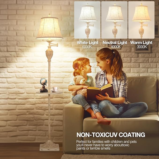 Traditional LED Floor Lamp with 350° Adjustable Swing Arm Lamp – Vintage Standing Pole lamp for Living Room, Bedroom and Office – Rustic Upright Floor Light for Home Décor with Silk Fabric Shade