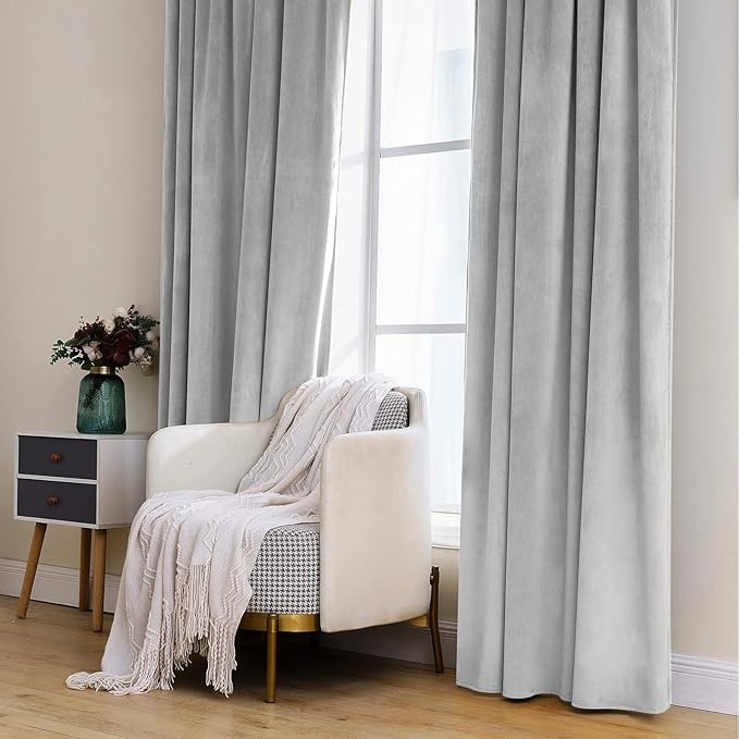MIULEE Greyish White Velvet Curtains 84 inches 2 Panels - Luxury Blackout Curtains for Bedroom Living Room Thermal Insulated Super Soft Window Drapes Rod Pocket & Back Tab, W52 x L84 inches