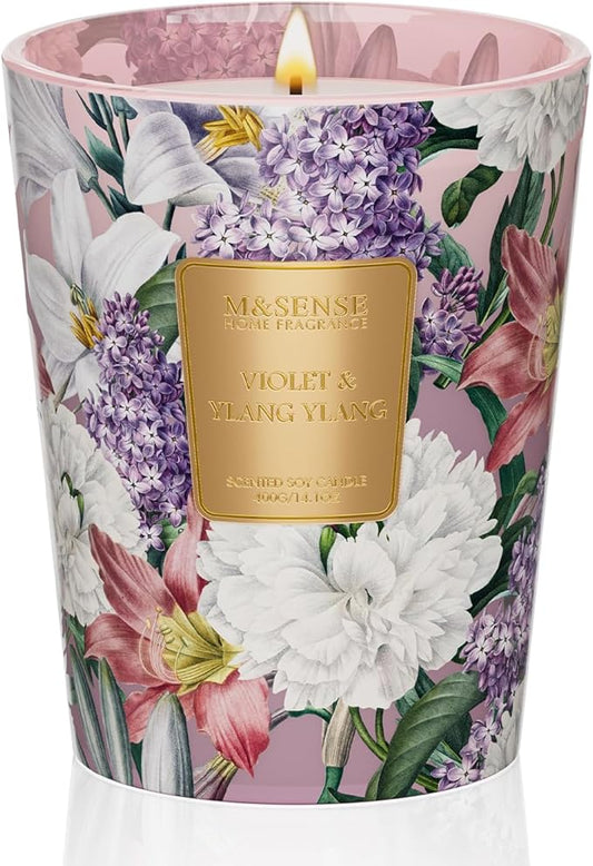 M&SENSE Violet YlangYlang Scented Candle, Soy Natural Wax Candles, 14.1oz 60H Burn Time Slow Burning, Aromatherapy Sleep Calm Home Fragrance for Women Men