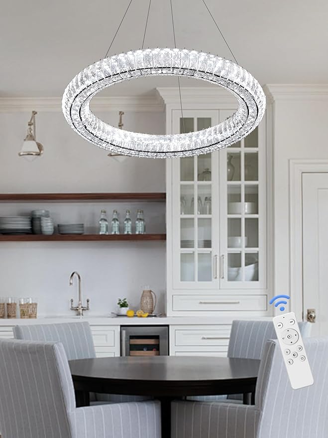 Modern Black Crystal Chandelier Dimmable LED 23.6" Ring Pendant Light Adjustable Round Crystal Chandelier Light Fixtures for Dining Room Living Room