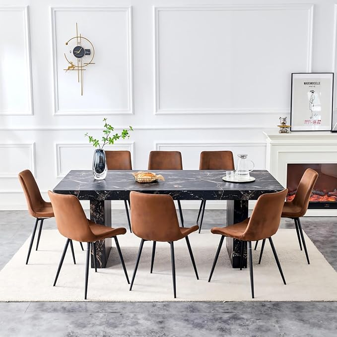 79" Marble Dining Table Set｜Modern Dining Table Set with 8 Suede Chairs｜Engineered Wood with Marble Pattern Tabletop｜Widened and Stable Tablelegs｜Easy Assembly